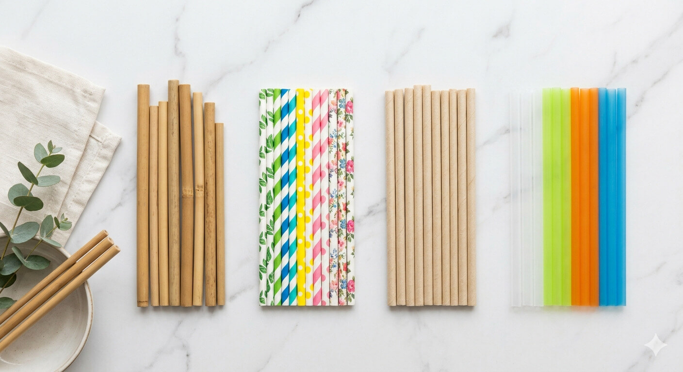 Choosing the Right Eco-Friendly Straw A variety of eco-friendly straws lined up for comparison