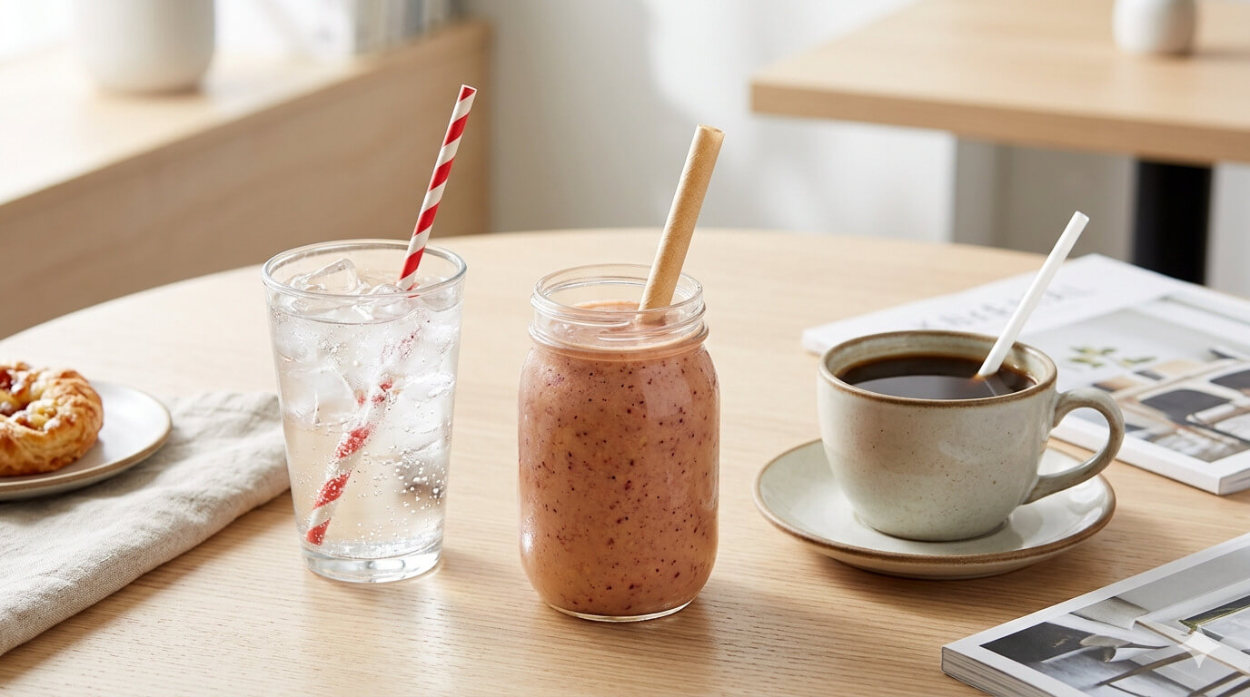 Matching Straws to Drinks A smoothie, a soda, and a hot coffee each with a different type of eco-friendly straw
