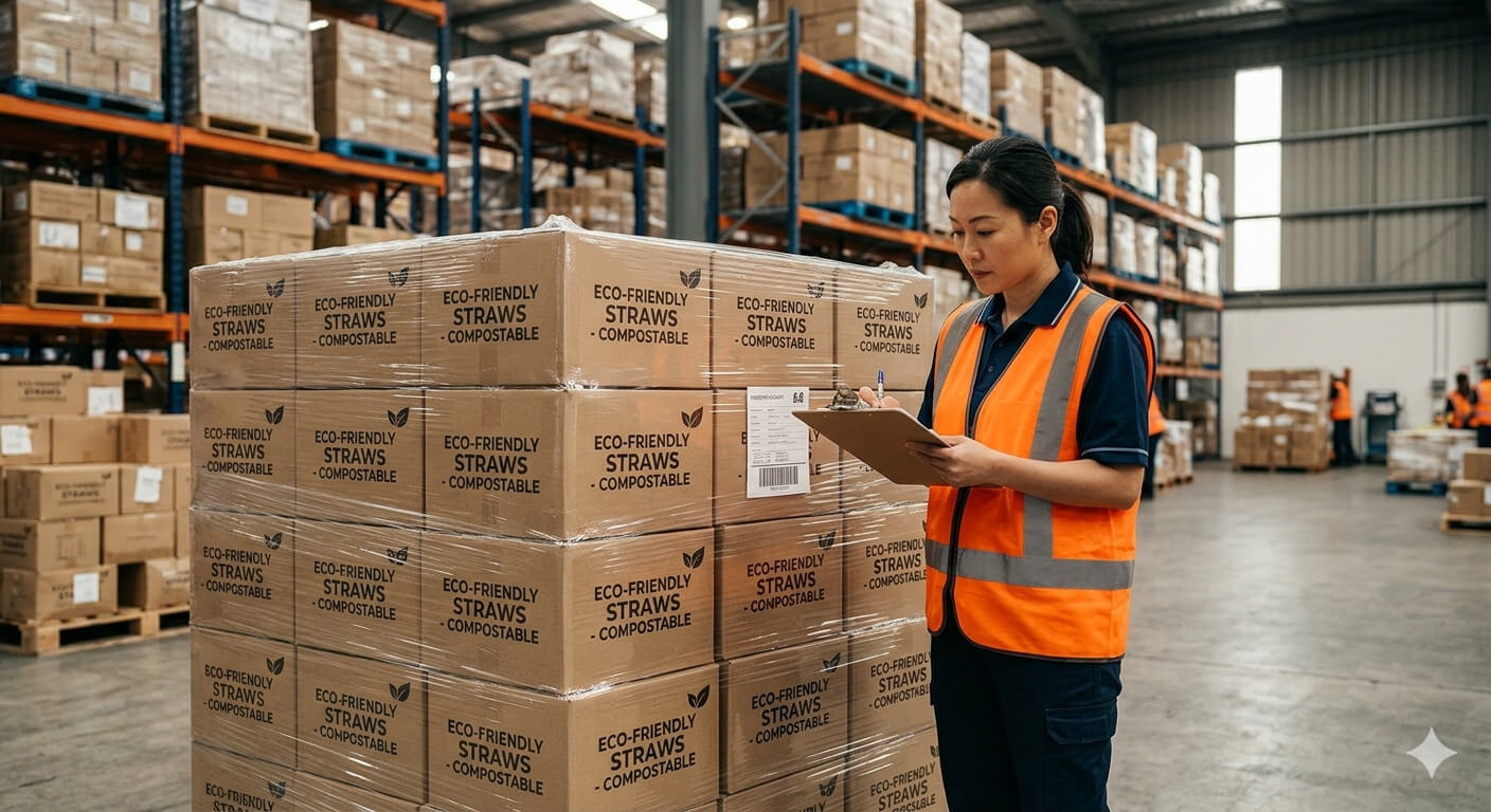B2B Procurement of Eco-Friendly Straws A warehouse worker checking a large pallet of boxed straws before shipment