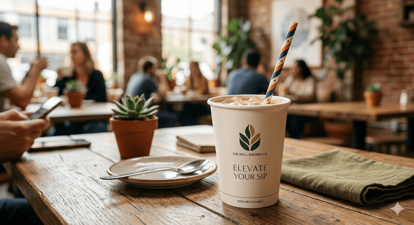 A branded cup with a high-quality paper straw