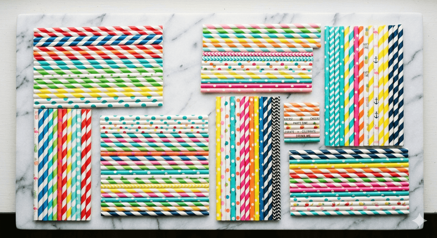 A collection of colorful and custom printed paper straws