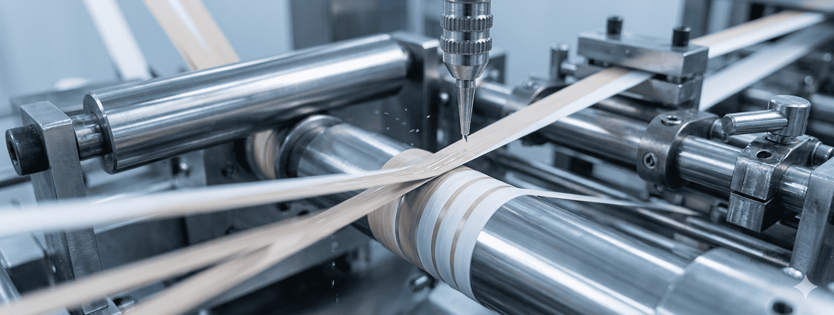 A machine applying a thin line of adhesive to paper strips for straw production