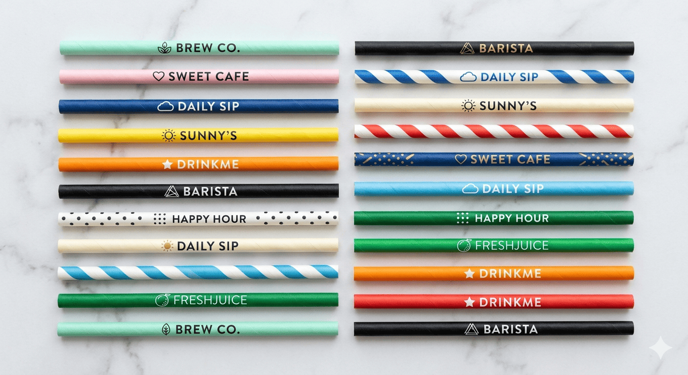 Custom paper straws with different brand logos and colors