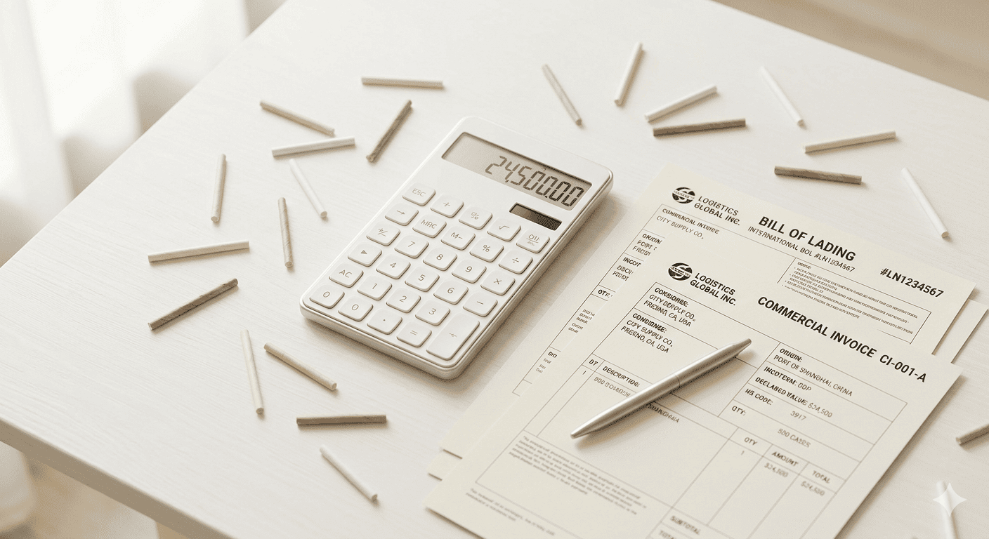 Calculating Landed Cost for Paper Straws calculator and shipping documents on a desk