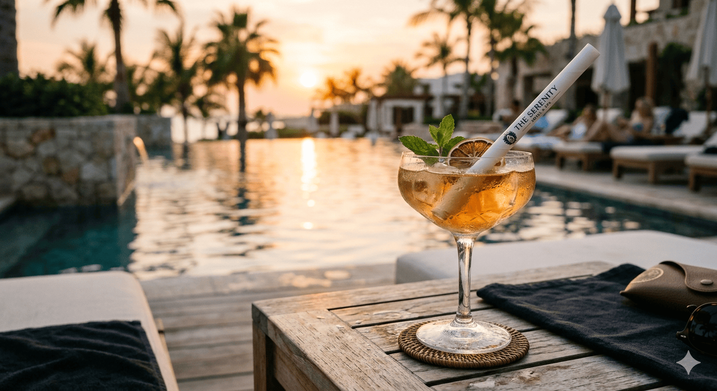 branded hotel paper straws in a cocktail