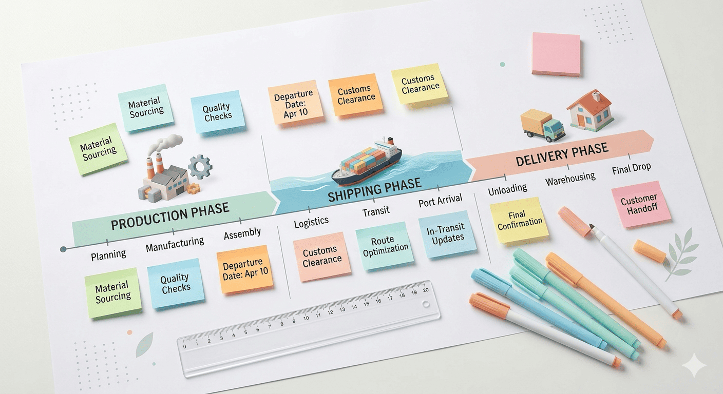 Paper Straw Production and Shipping Timeline a timeline graphic showing production, shipping, and delivery phases