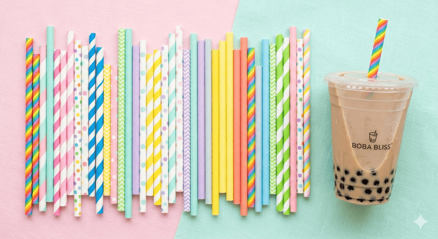 a variety of colorful paper straws for bubble tea next to a cup of boba