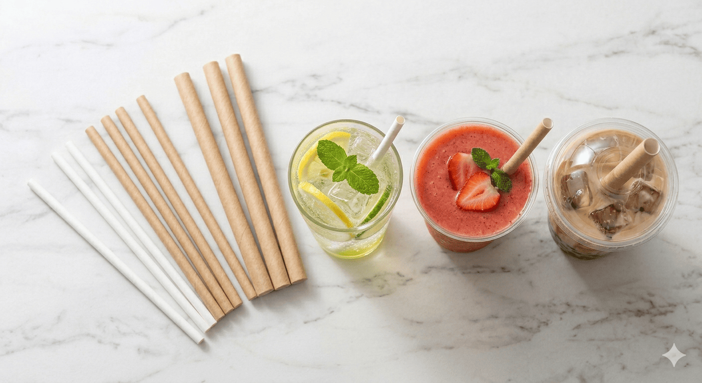 Choosing the right paper straw size An assortment of different sized paper straws laid out next to various drinks like soda, a smoothie, and bubble tea