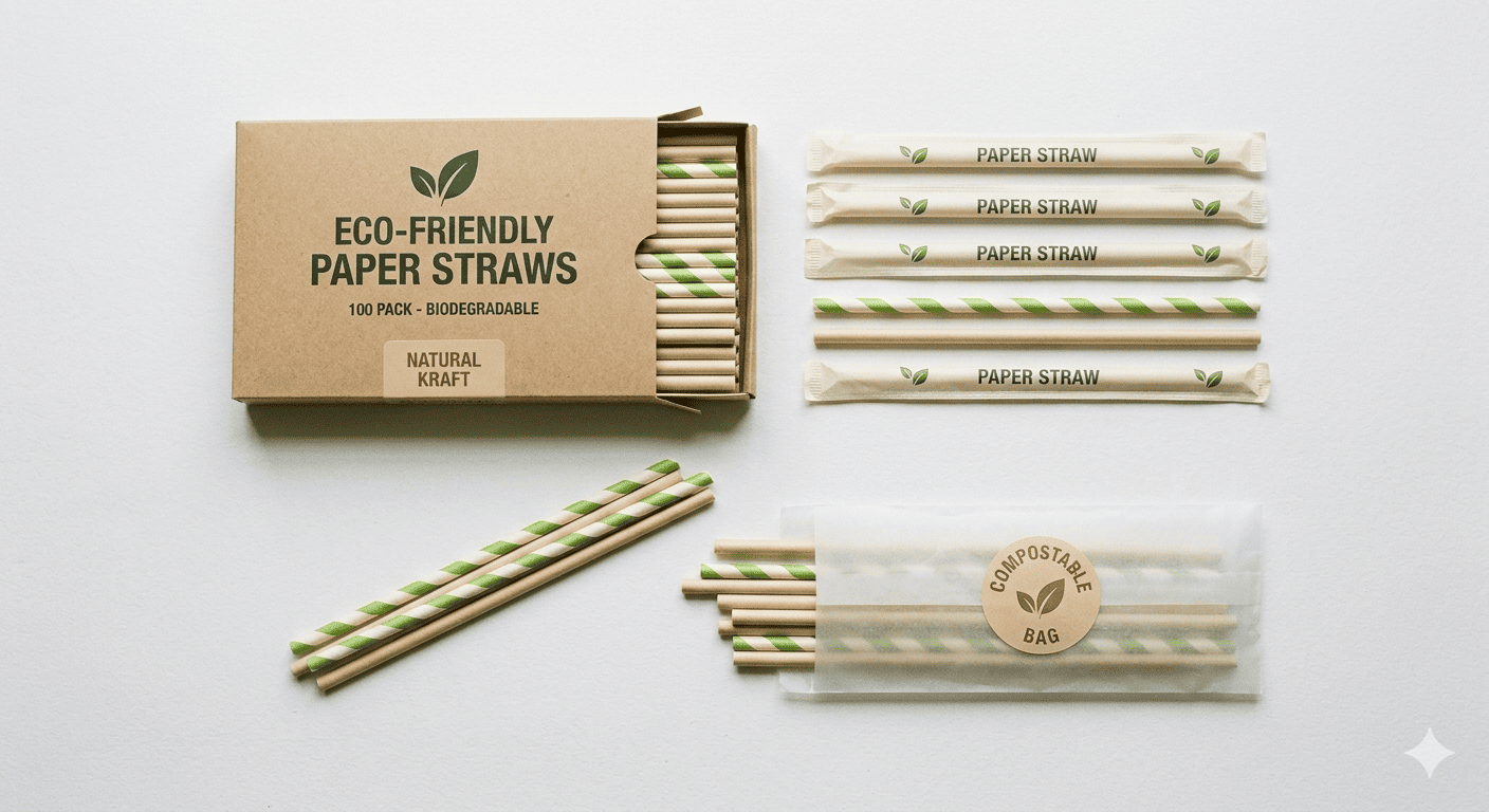 Sustainable paper straw packaging options like boxes and individual wrappers