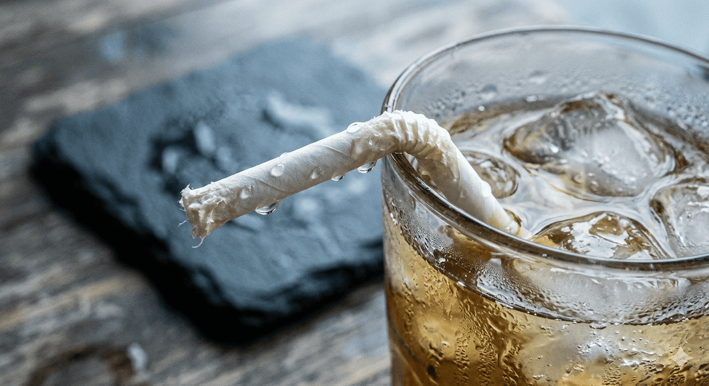 soggy paper straw in a glass