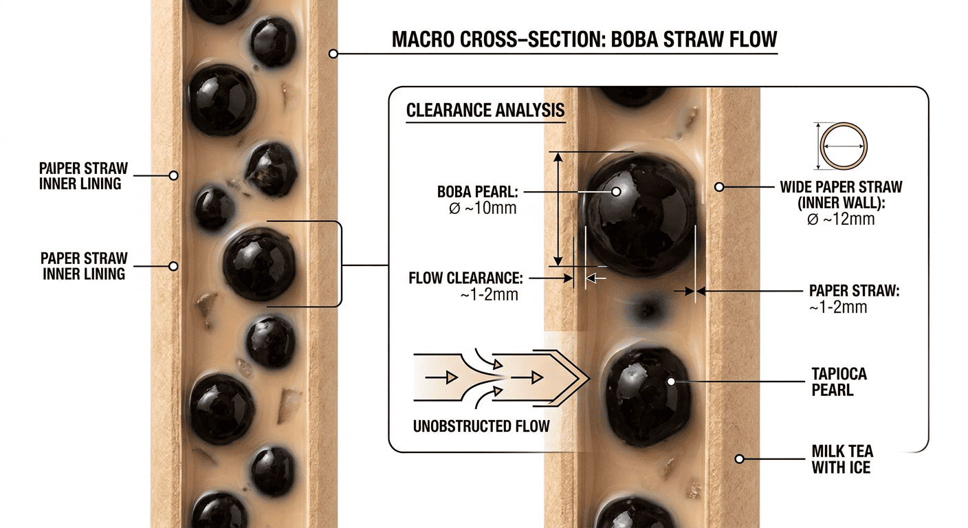 tapioca pearls passing through a wide paper straw