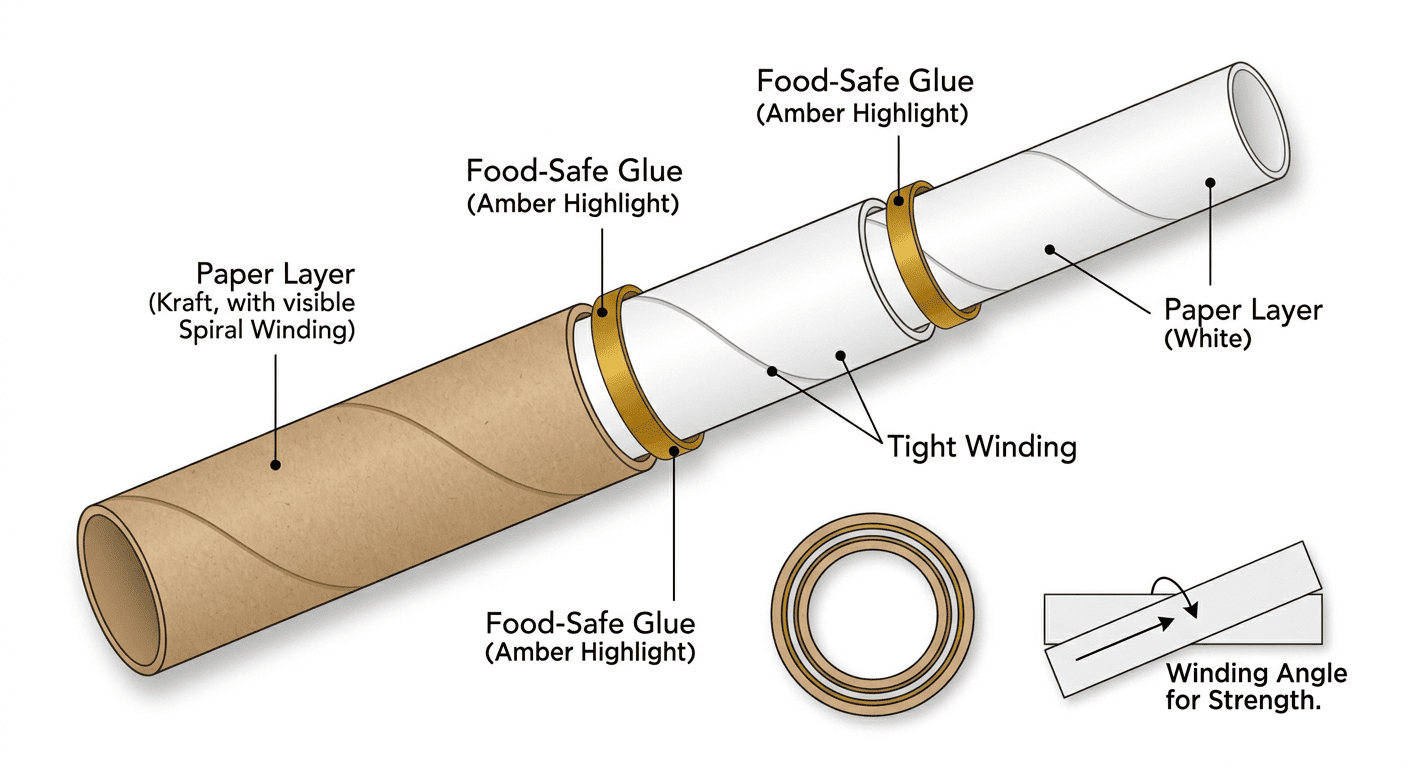 Diagram showing paper layers, glue, and winding of a paper straw