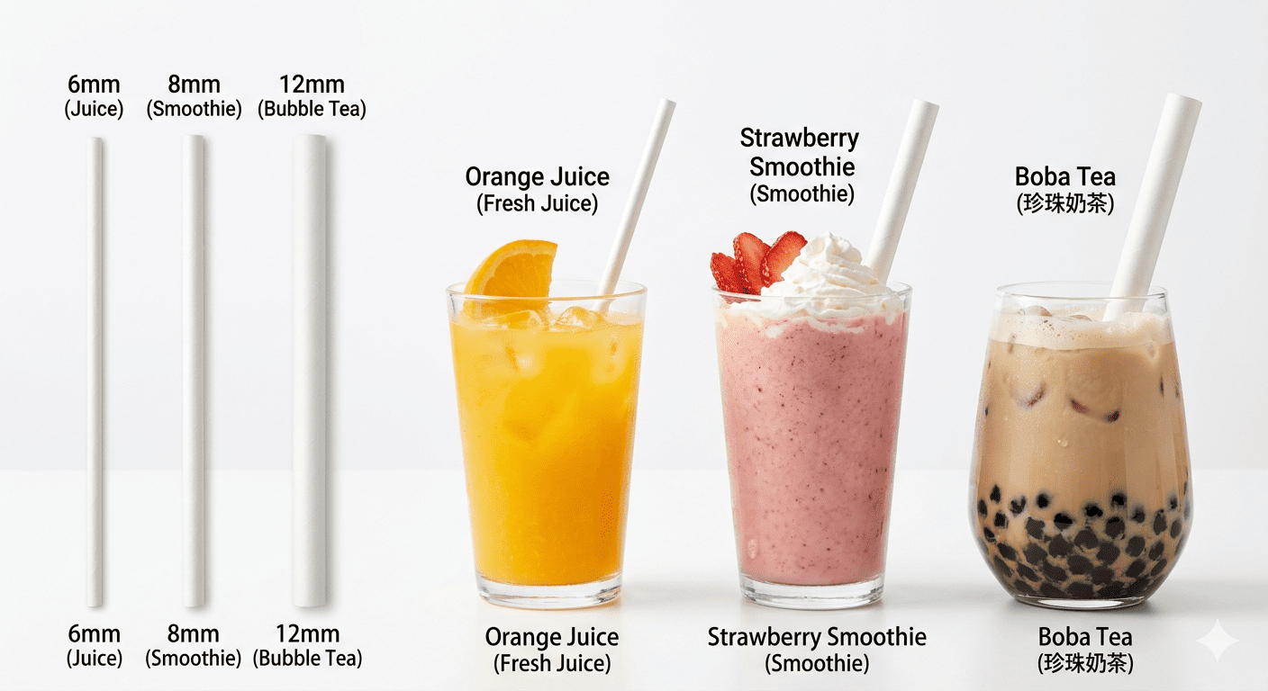 Different sizes of paper straws next to various drinks like juice, smoothies, and bubble tea