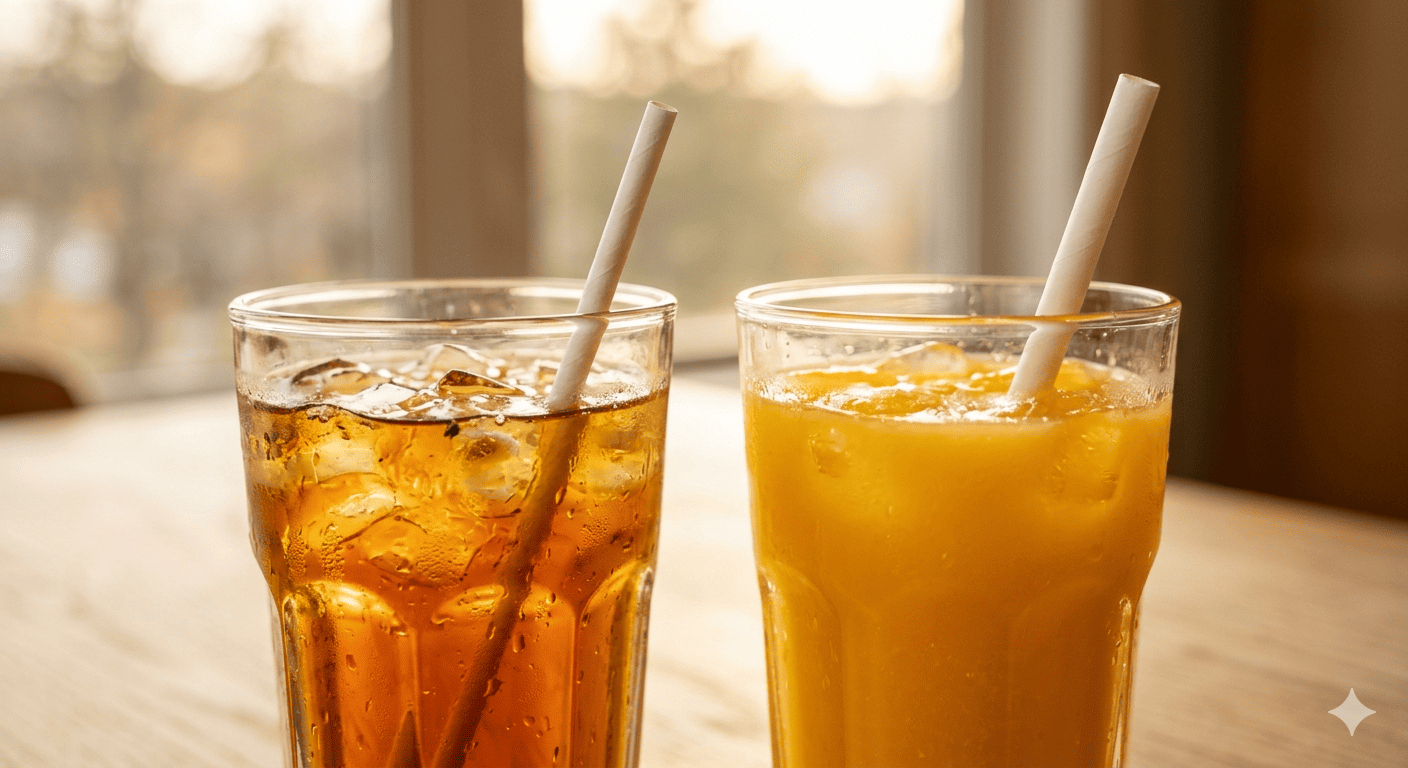 Standard 6mm and 8mm paper straws A close-up of a 6mm paper straw in a glass of iced tea and an 8mm straw in a glass of orange juice