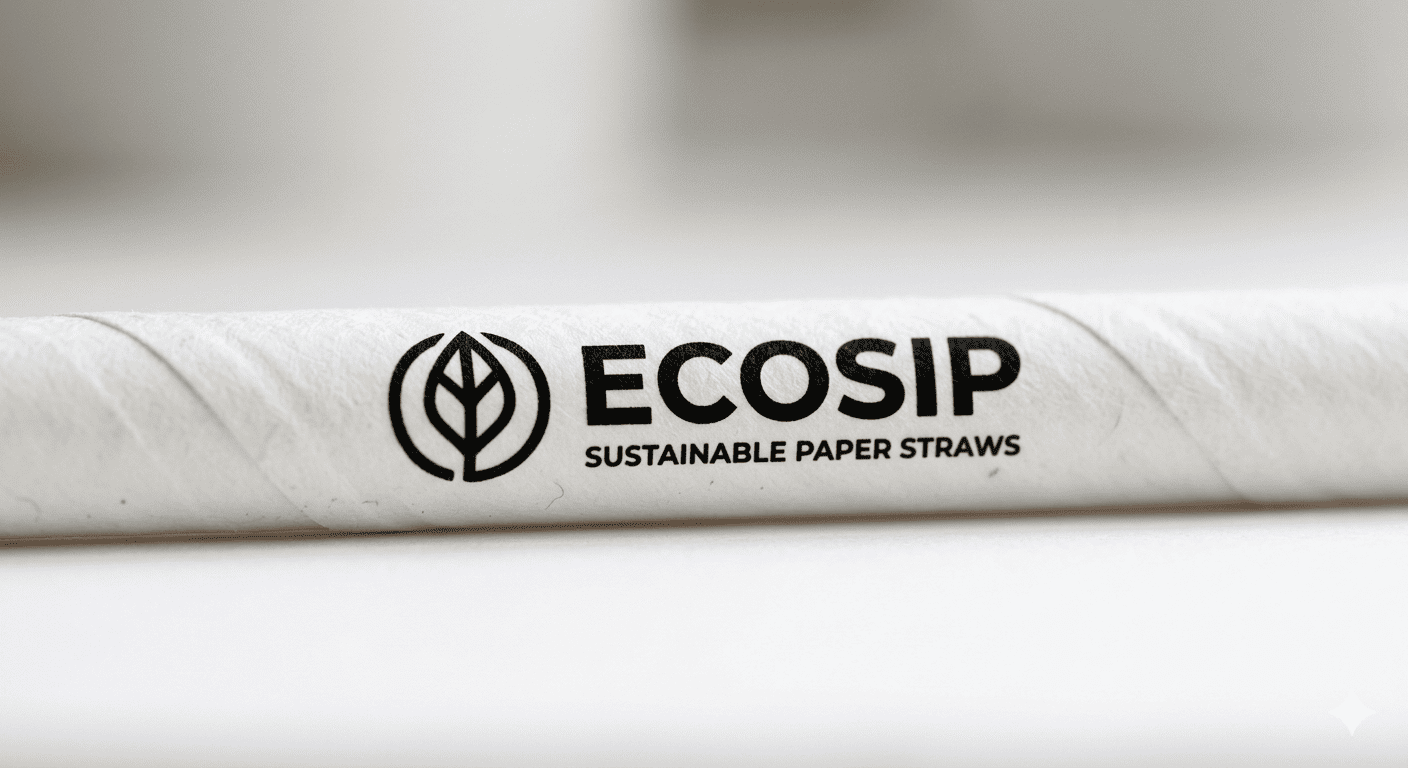 A close-up of a paper straw showing a simplified brand logo printed clearly