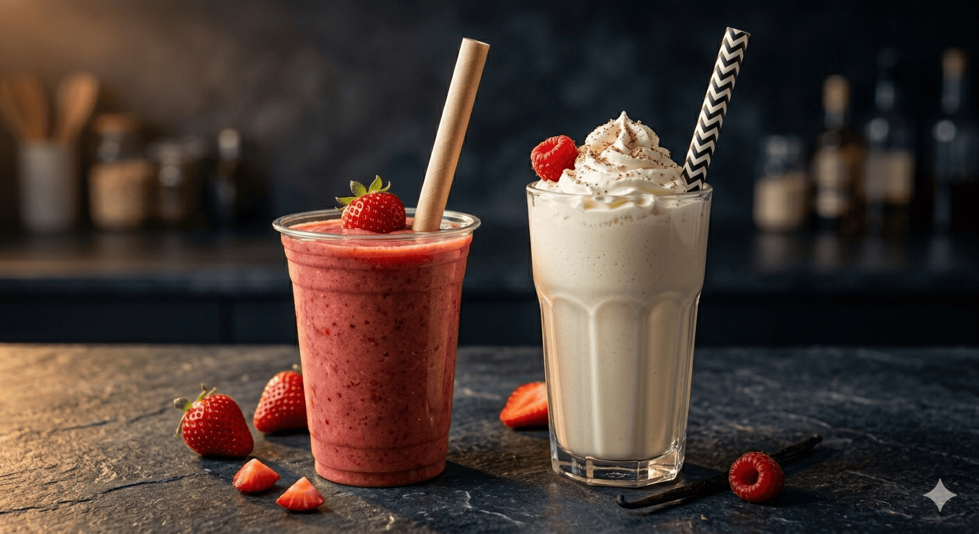 Wide paper straws for smoothies and milkshakes A wide 12mm paper straw in a thick milkshake with whipped cream and a 10mm straw in a fruit smoothie