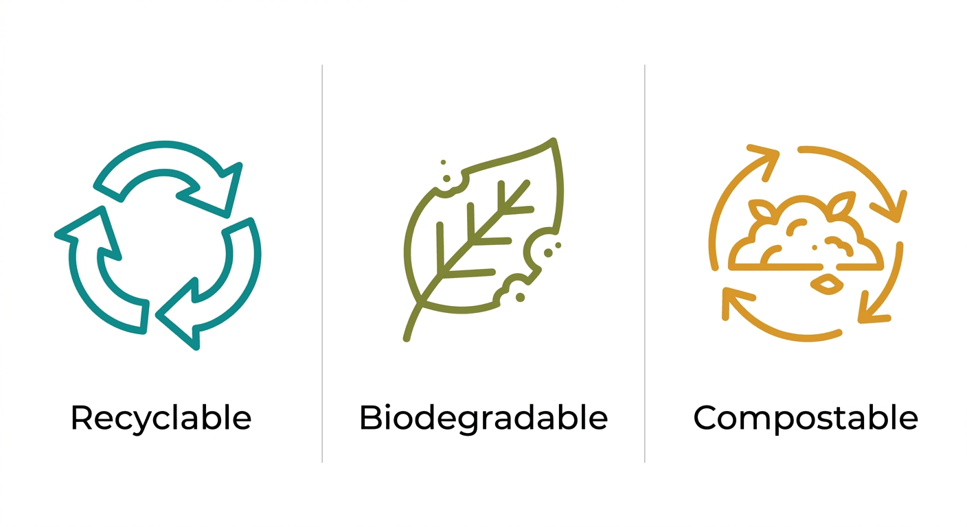 An infographic comparing icons for recyclable, biodegradable, and compostable