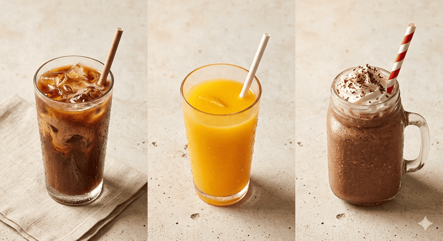 Different drinks like coffee, juice, and a milkshake each with a paper straw