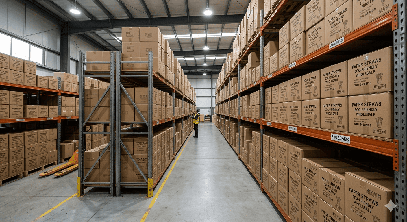pallets of paper straw boxes in a warehouse