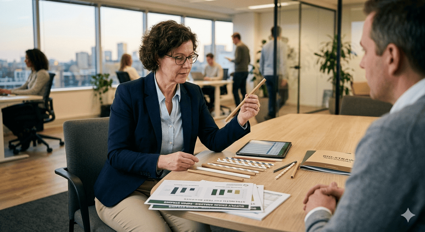procurement manager discussing paper straws with supplier