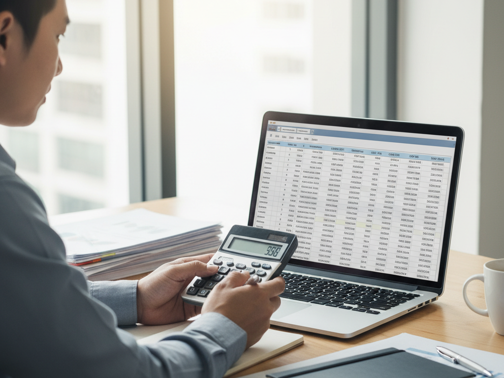 Procurement manager at a desk, reviewing a packing list on a computer screen with a calculator nearby