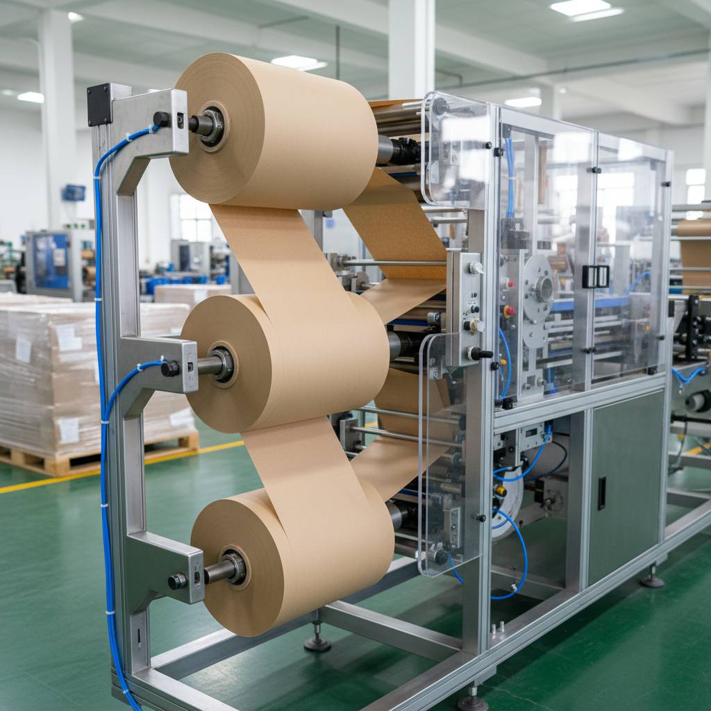 A clean and well-lit paper straw machine in operation, showing the paper feeding and forming process.