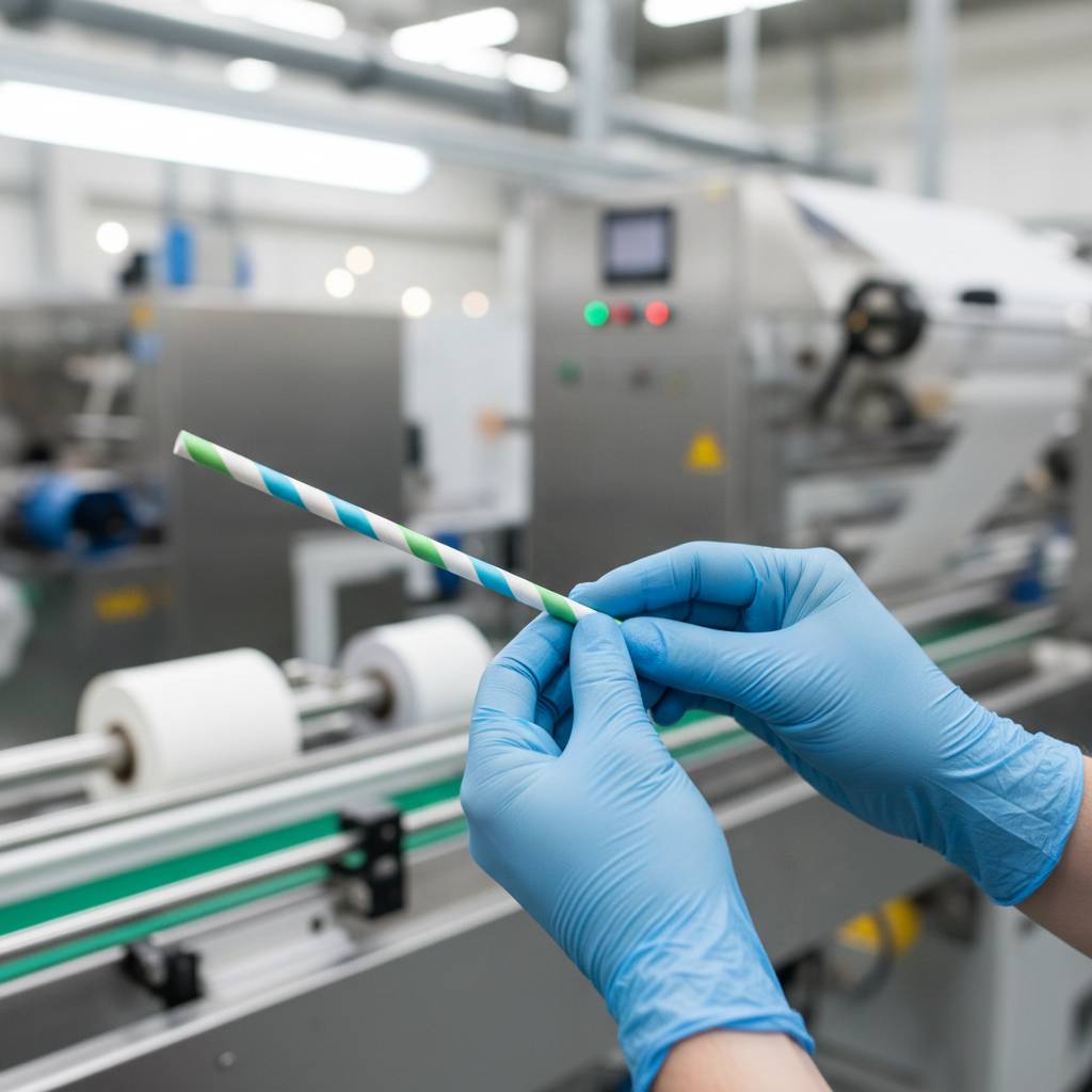 A factory operator in uniform carefully inspecting a finished paper straw coming off the production line.