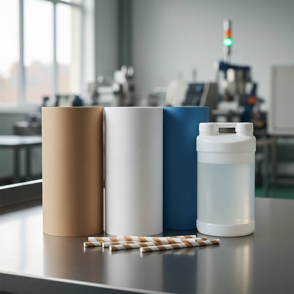 Close-up shot of different paper straw raw materials: rolls of paper in various colors and a container of bonding glue.