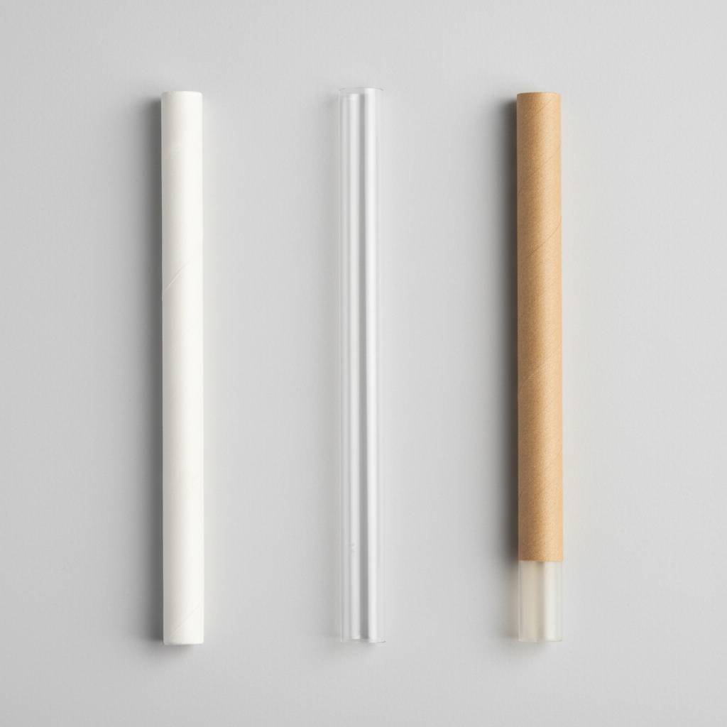 A close-up shot showing a paper straw, a plastic straw, and a hybrid-style straw side-by-side for comparison on a neutral background.