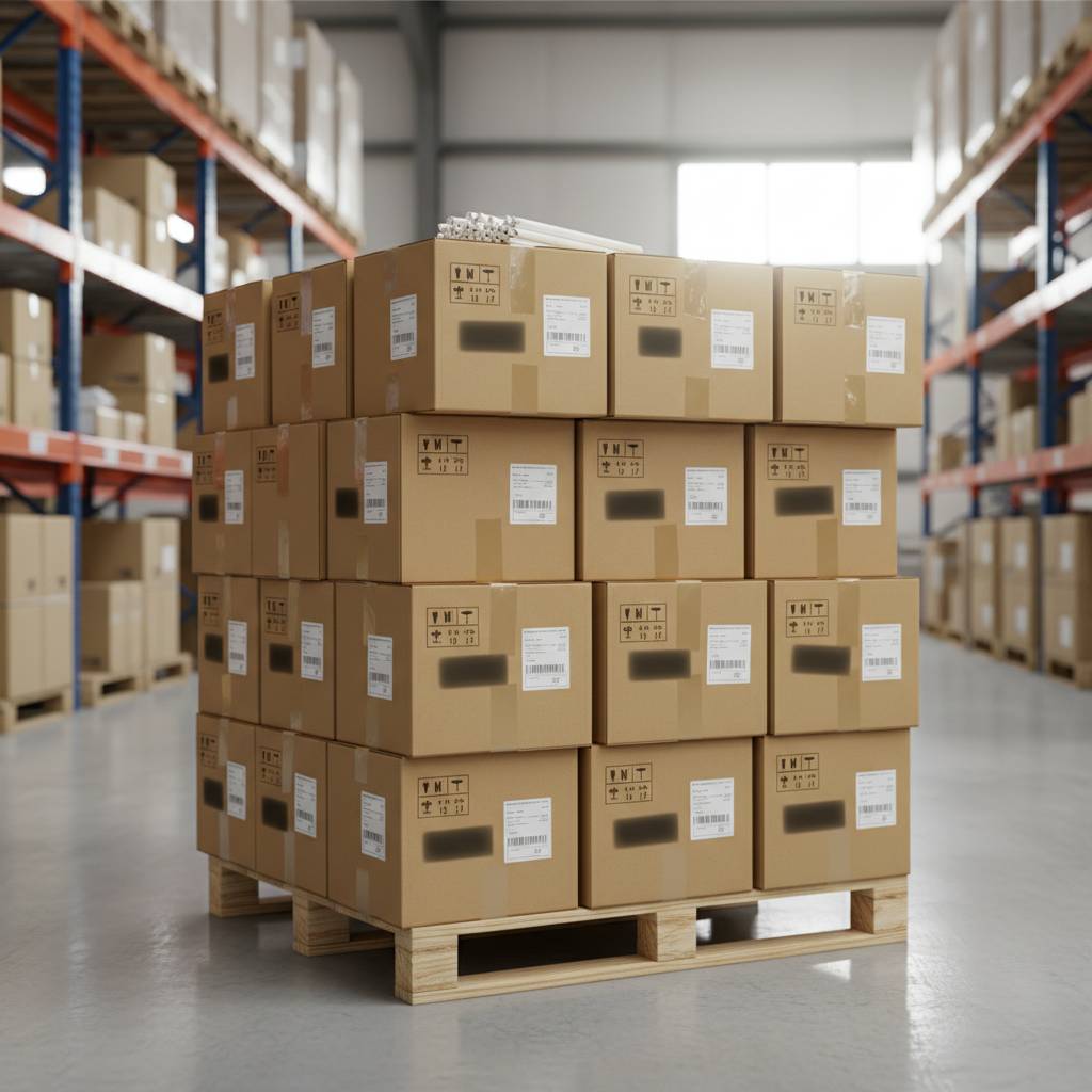 A warehouse scene with neatly stacked export cartons of paper straws, showing clear carton marks and dimensions on the boxes.