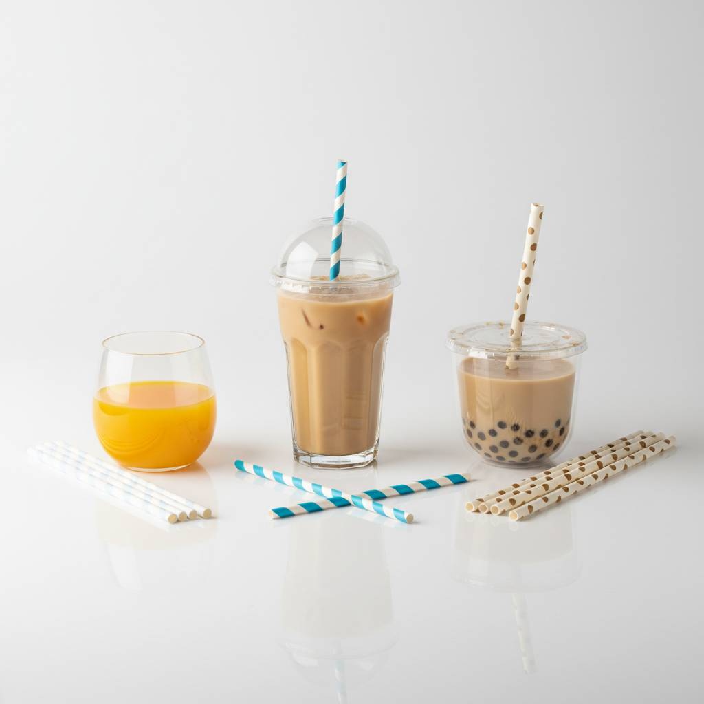 An assortment of paper straws in different diameters and lengths, laid out next to various cup sizes like a short juice cup, a tall smoothie cup, and a boba tea cup.