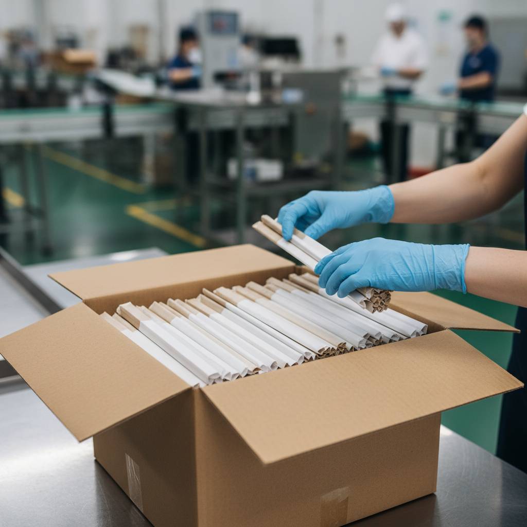 A worker in a factory carefully packing individually wrapped paper straws into an export carton, emphasizing quality control and proper packaging.