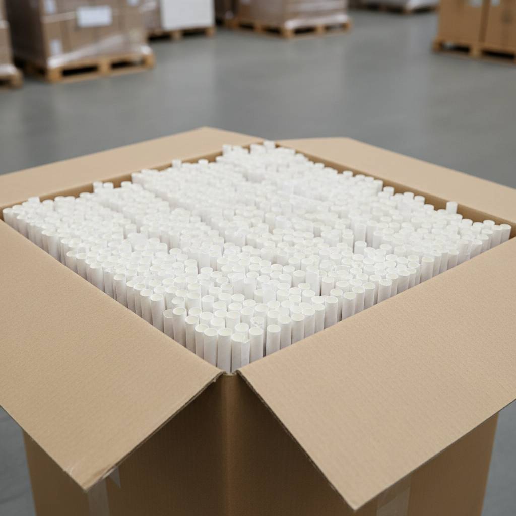 A large box of bulk paper straws ready for shipping