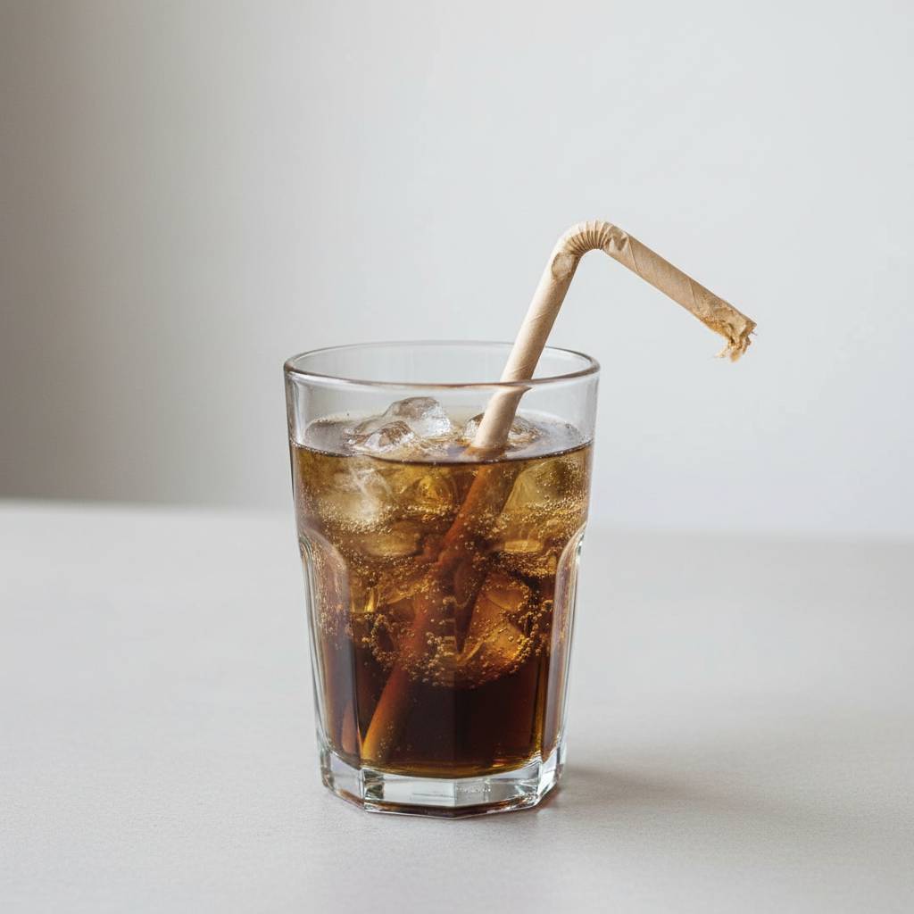 A soggy paper straw collapsing in a drink
