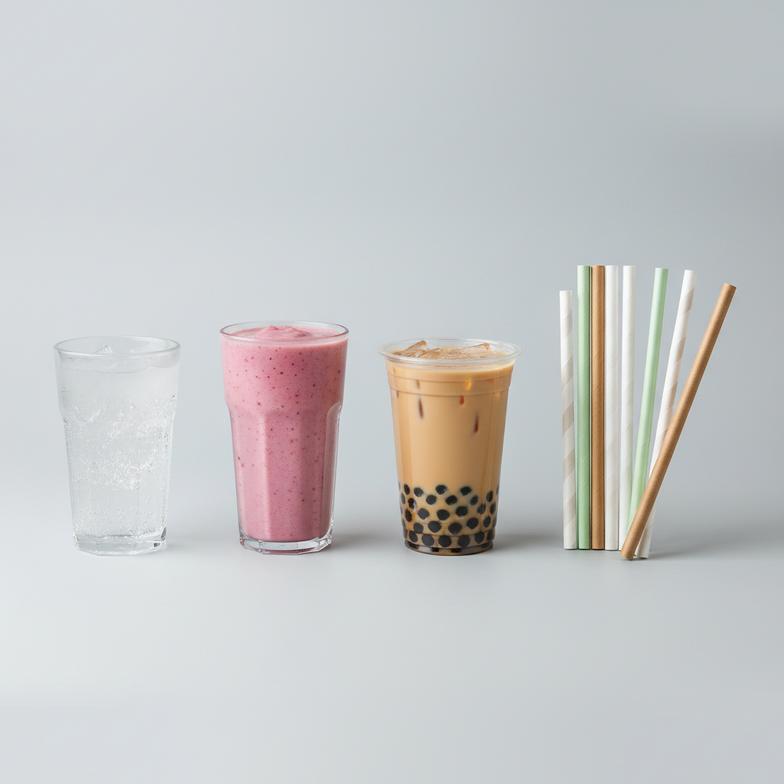 An assortment of different sized paper straws next to various drinks like a smoothie, soda, and bubble tea.