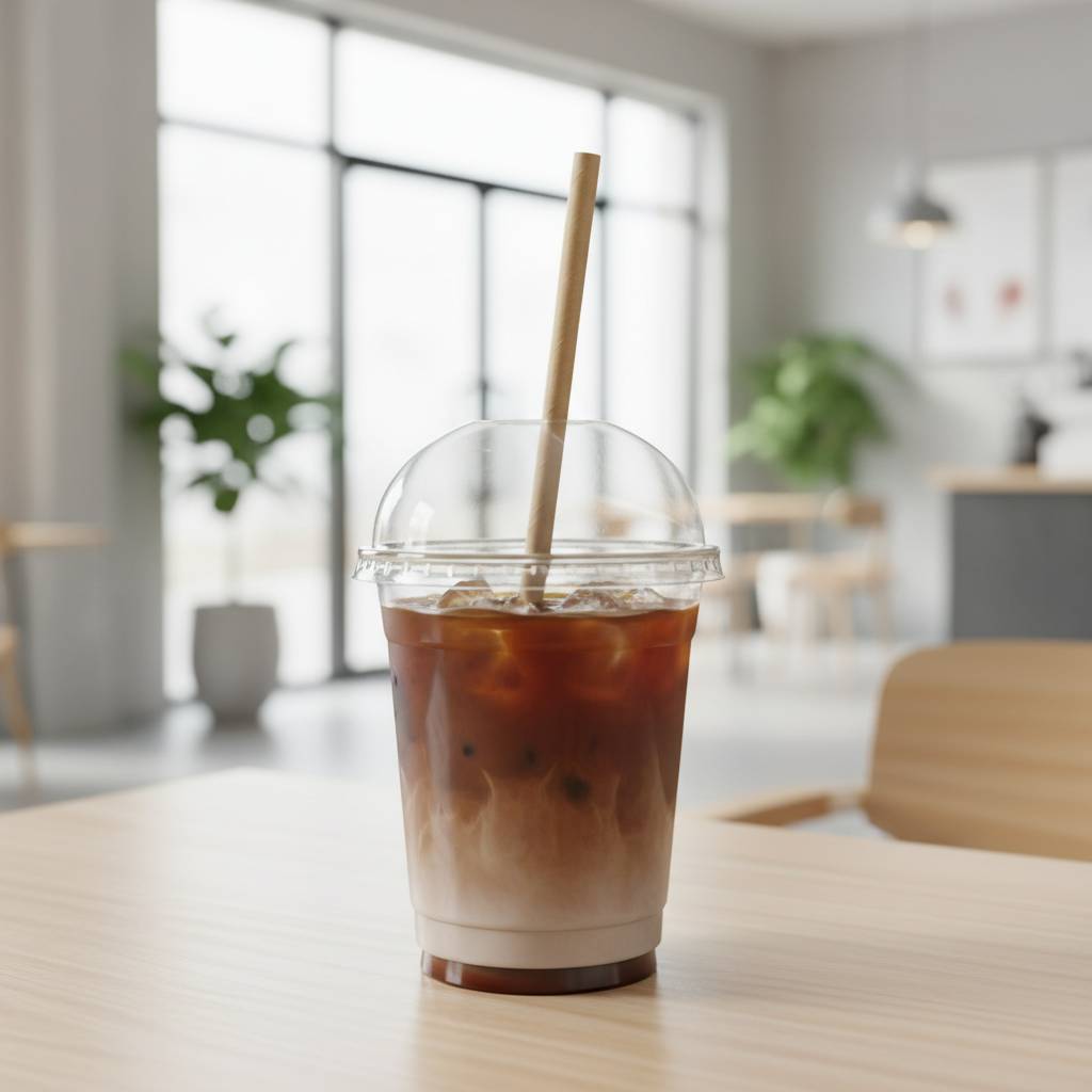 An in-use photo showing a paper straw in a clear cup of iced coffee with a lid, demonstrating a correct length-to-cup-height ratio.