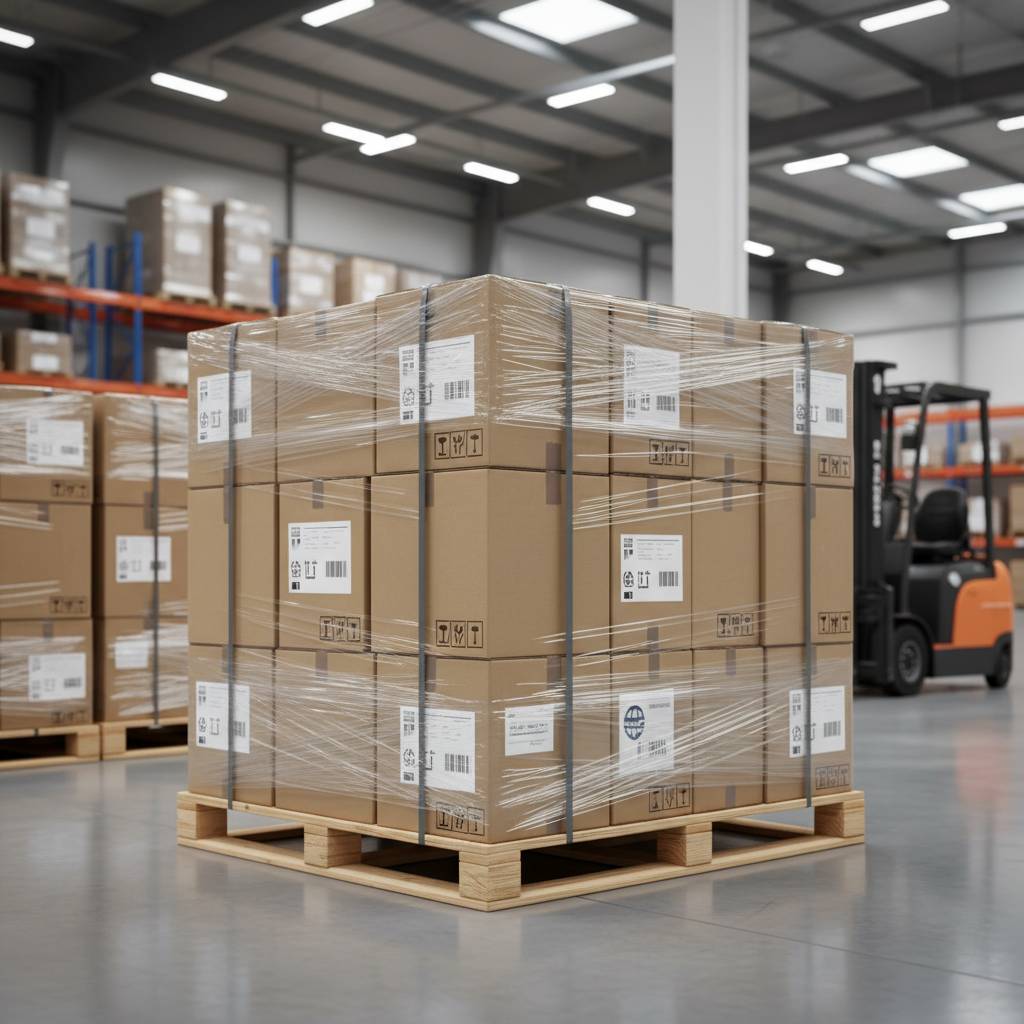 A warehouse scene showing neatly stacked and marked export cartons of paper straws, ready for shipment.