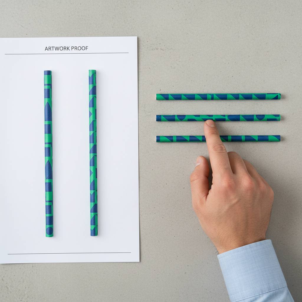 An unrolled artwork proof for a printed paper straw next to a final printed sample.