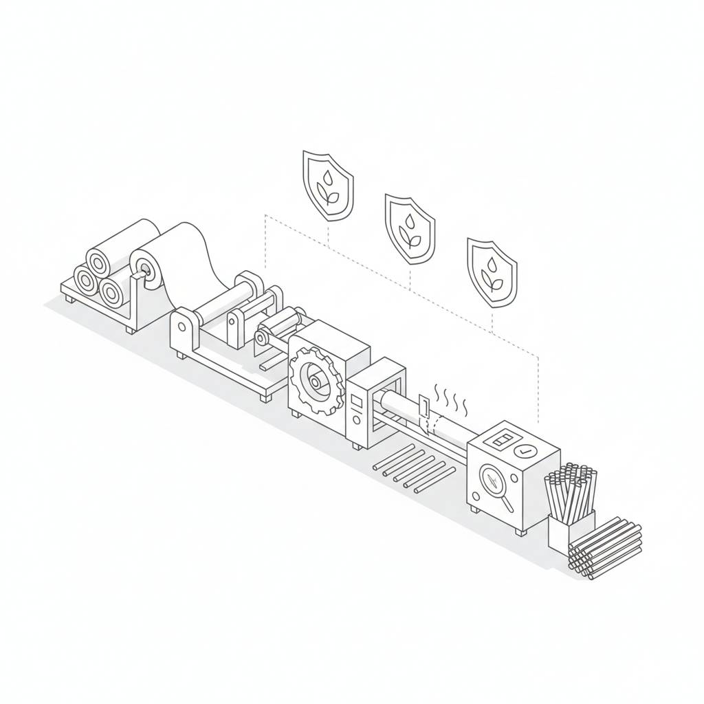 Illustration showing the separate components of a paper straw: paper layers, glue, and ink
