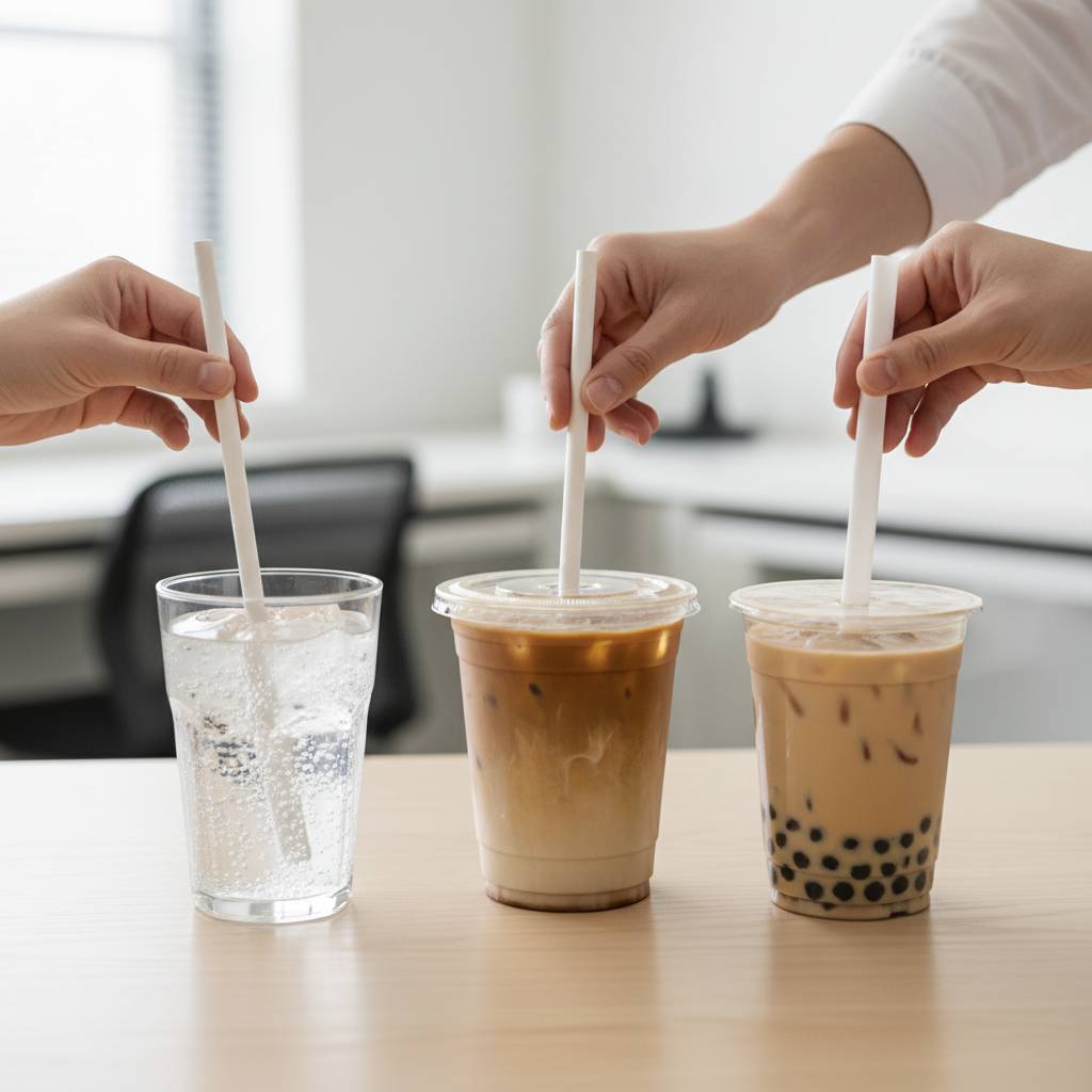 A person testing different paper straw sizes in various cups with different drinks like soda, a smoothie, and bubble tea.