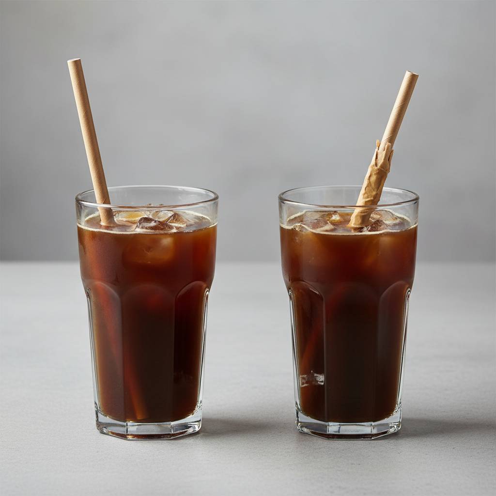Side-by-side comparison showing one paper straw firm in a glass of water and another soggy one in a glass of iced coffee.