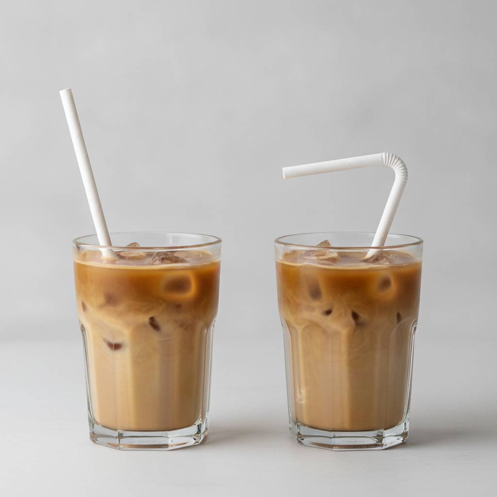 A firm paper straw in a glass of iced coffee next to a soggy, collapsed paper straw in another glass
