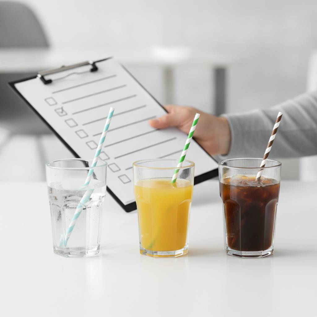 A hand holding a checklist next to several drinks used for testing paper straws.