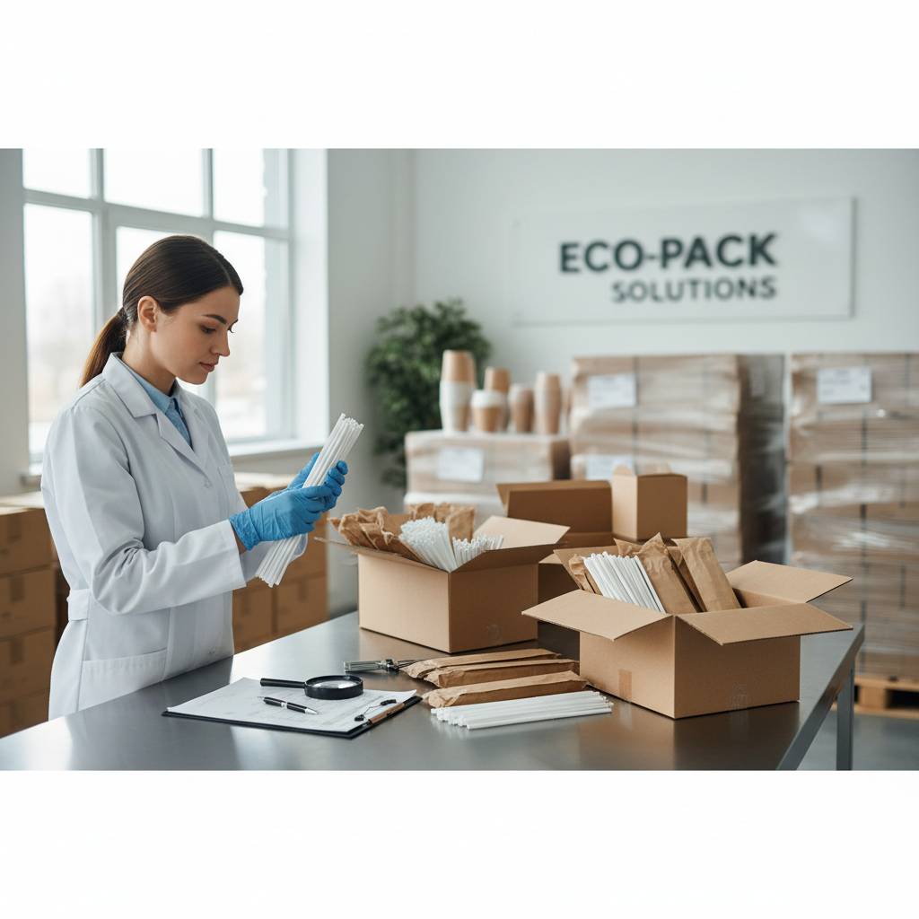 A warehouse worker inspecting the outer cartons of a palletized shipment of paper straws.