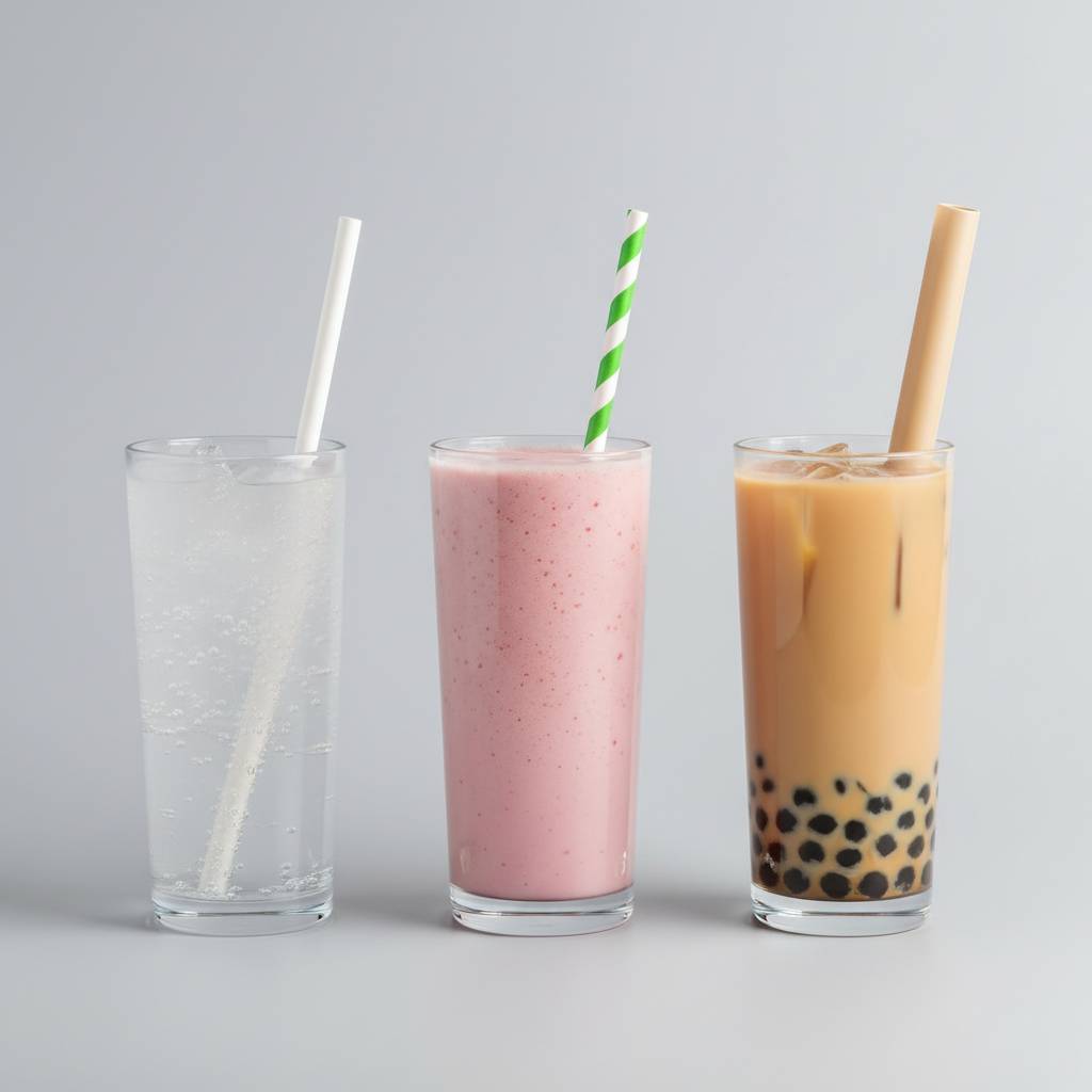 Visual comparison of different paper straw diameters for different drinks like soda, smoothies, and boba tea.