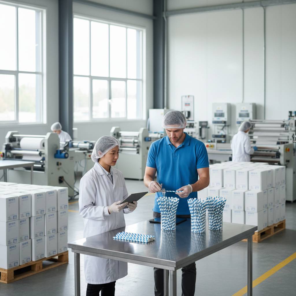 A quality control specialist inspecting paper straw raw material rolls in a warehouse with humidity controls