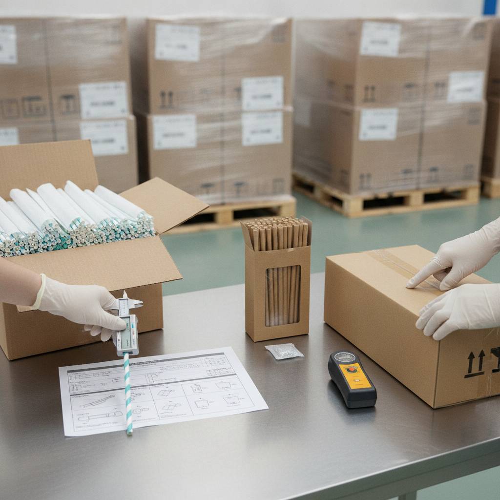 Photo of a properly marked export carton showing fields for PO number, SKU, quantity, and country of origin