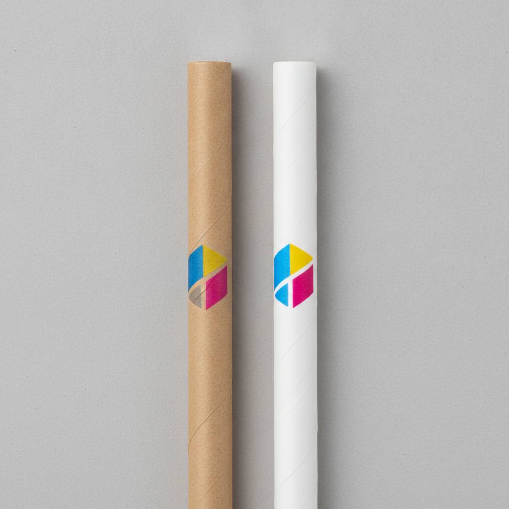 A comparison showing a colorful logo printed directly on a kraft straw versus on a white straw, highlighting the difference in vibrancy.