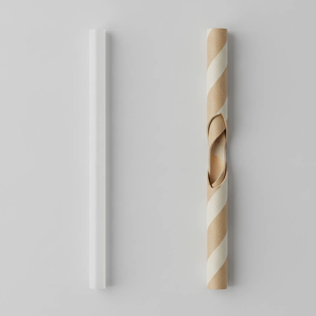 A diagram showing a plastic straw vs a multi-layered paper straw, highlighting the paper layers.