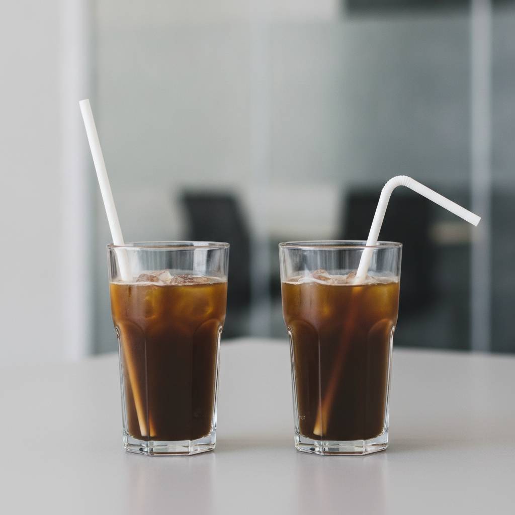 A side-by-side photo showing a firm paper straw in one glass and a soggy, collapsed paper straw in another.